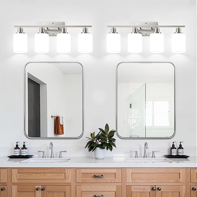 4-Light Bathroom Light Fixtures, Brushed Nickel Vanity Lights with Milk Glass Shades, Modern Bathroom Wall Lamp for Mirror Living Room Bedroom Porch