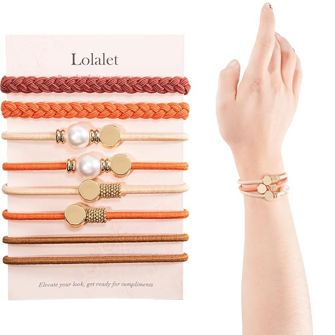 Lolalet Boho Hair Ties for Women, Soft Braided Elastic Bracelets, No-Pull No-Damage Ponytail Holders for Thick Thin Long Curly Hair -8 Pcs, Orange