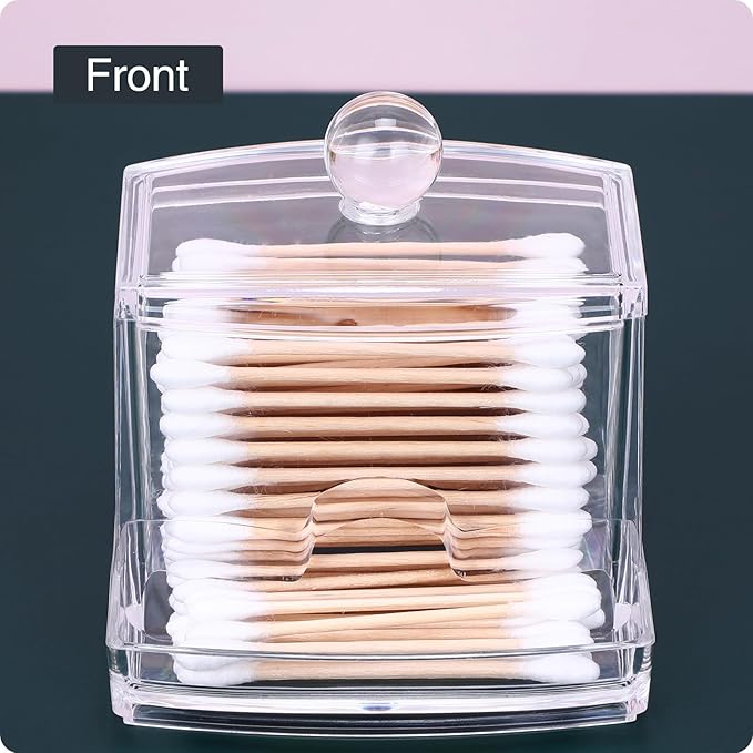 MOSIKER 10oz Clear Acrylic Small Qtip Holder,Swab Dispenser Cotton Ball Jars Bathroom Organizer with Lid