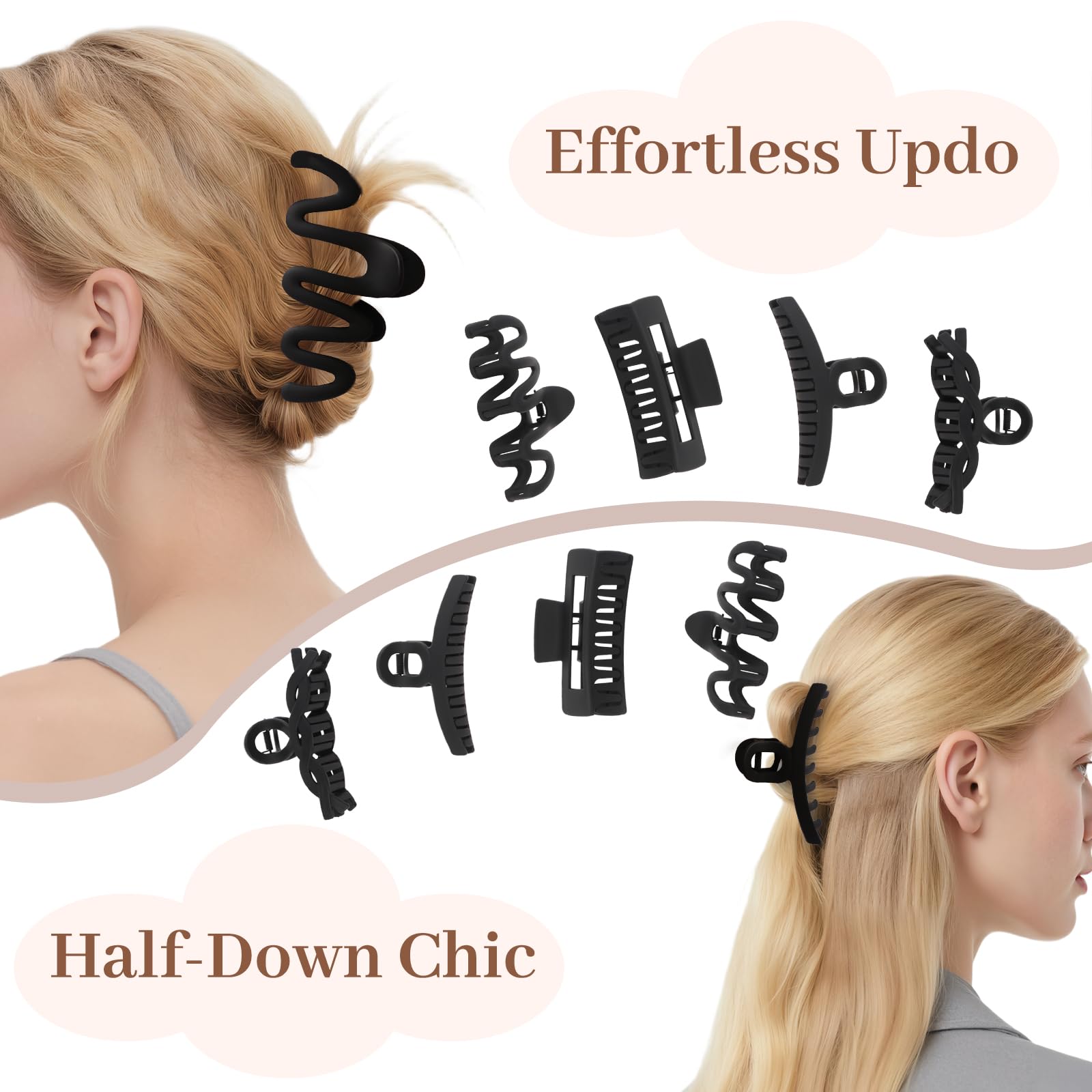 Matte Non-Slip Large Hair Clips for Women 8PCS (All Black)
