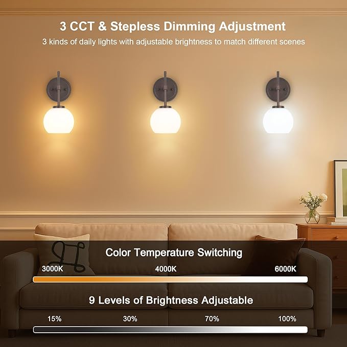 Oil Rubbed Bronze Wireless Rechargeable Wall Sconces Set of 2, Battery Operated Wall Lights with Remote Control, LED Dimmable Wall Lamp with Opal White Glass Shade, 12 Colors RGB & 3 CCT Bulb