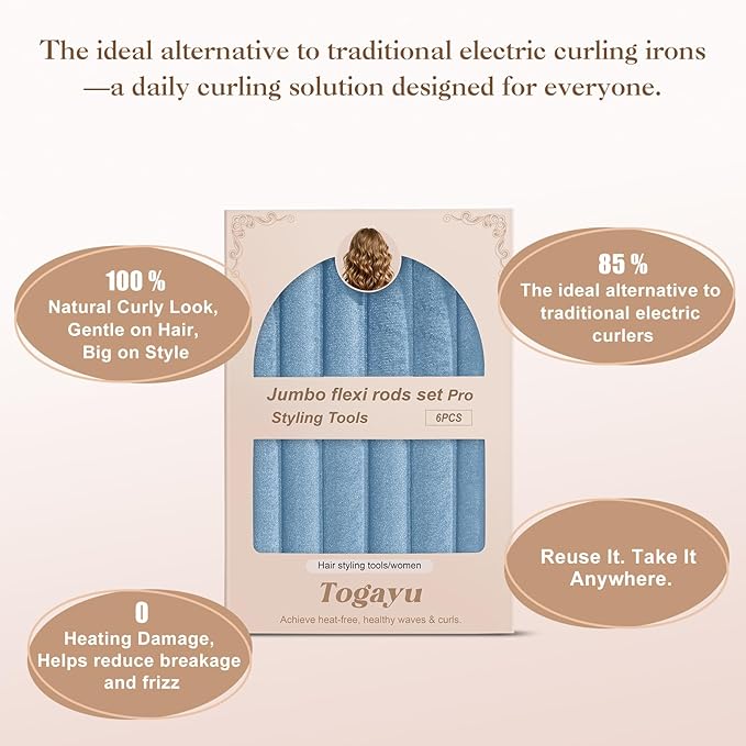 Togayu Heatless Curls Overnight Set for Natural Hair, Comfortable Easy-Lock Rollers, Heat-Free Hair Curlers for Long Textured Hair, 6PCS Blue