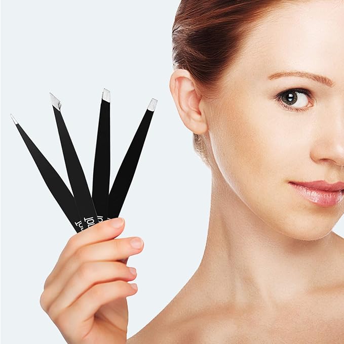 Tweezers for Eyebrows, 4-piece Slant Tip and Pointed Eyebrow Tweezer Set Great Precision for Eyebrows Facial Hair, Ingrown Hair, Splinter, Blackhead and Tick Remover (Black)