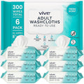 Vive Disposable Washcloths for Adults & Elderly (6 Pack - 300 Count - 8"x12") – Incontinence Wipes for Men & Women – Hypoallergenic No Rinse Adult Body Wipes for Sensitive Skin – Fresh Scent