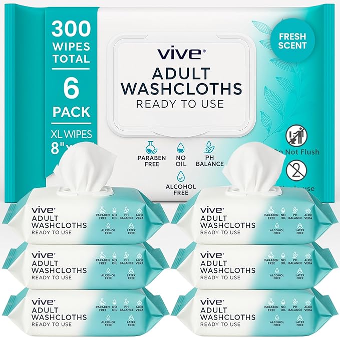 Vive Disposable Washcloths for Adults & Elderly (6 Pack - 300 Count - 8"x12") – Incontinence Wipes for Men & Women – Hypoallergenic No Rinse Adult Body Wipes for Sensitive Skin – Fresh Scent