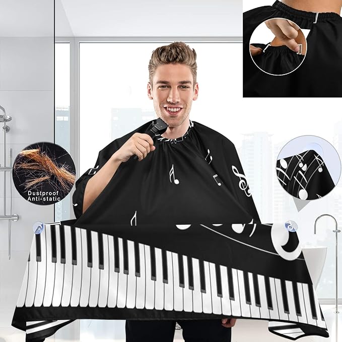 visesunny Barber Cape Abstract Piano Key With Musical Note Polyester Hair Cutting Salon Cape Apron Anti-Static Haircut Shaving Cloth Beard Shaving Bib Hairdressing Cape