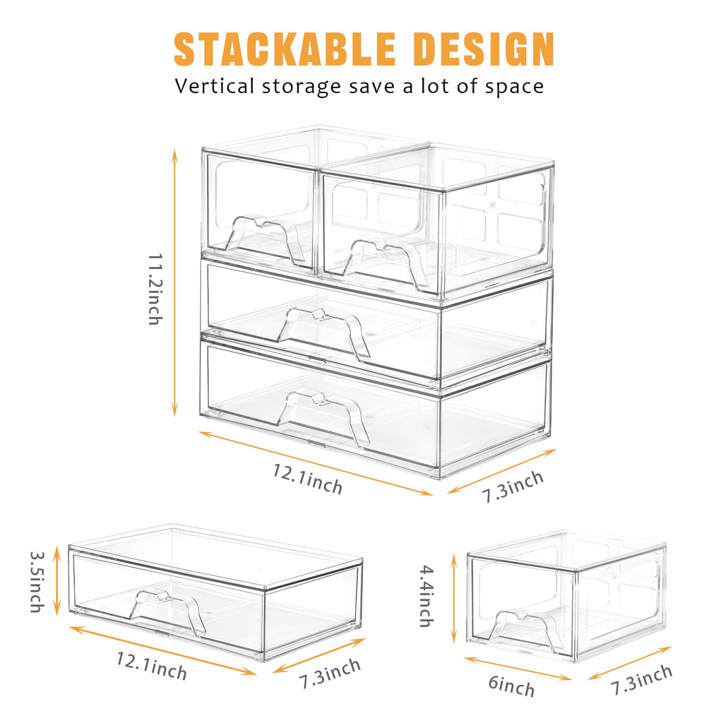 4 Pack Stackable Storage Drawers, Clear Acrylic Organizer, Makeup Organizer