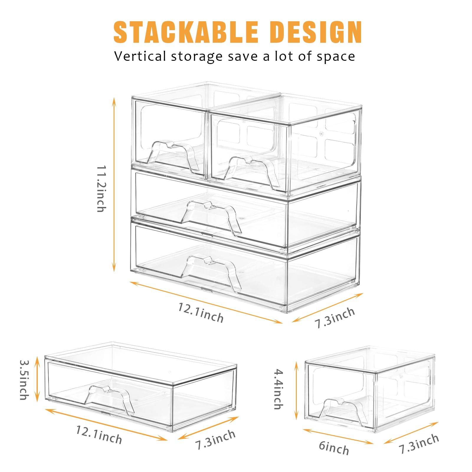 4 Pack Stackable Storage Drawers, Clear Acrylic Organizer, Makeup Organizer