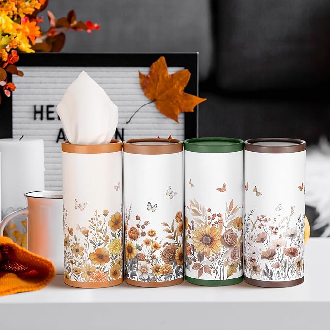 Fourluoo 12 Pack Spring Floral Tissue Boxes for Car Cylinder Bulk Wildflower Round Cylinder Holder with 3 Ply Facial Tissues for Spring Travel Bathroom Office Decoration Supplies