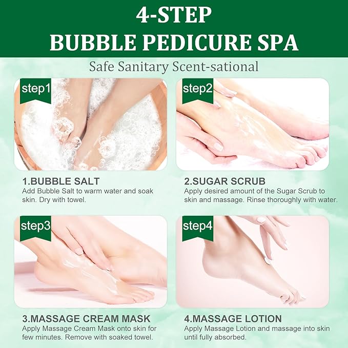 nbc BeautiLab Pedicure Kit Foot Soak Set: Bubble Salt, Sugar Scrub, Massage Mask, Massage Lotion in a Box, 4 Step Foot Spa Kit for Dry Feet, Softens Calluses(3 Set Cucumber)