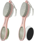 YIOYOODA Foot File Callus Remover 5-in-1, 2 Pcs Feet Scraper Pedicure Tools with Pumice Stone, Scrubber Brush, Stainless Steel Foot Rasp and Sand Paper Debris Catcher, Multi Purpose, Pink