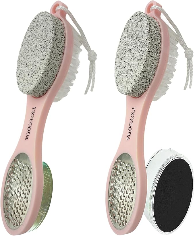 YIOYOODA Foot File Callus Remover 5-in-1, 2 Pcs Feet Scraper Pedicure Tools with Pumice Stone, Scrubber Brush, Stainless Steel Foot Rasp and Sand Paper Debris Catcher, Multi Purpose, Pink