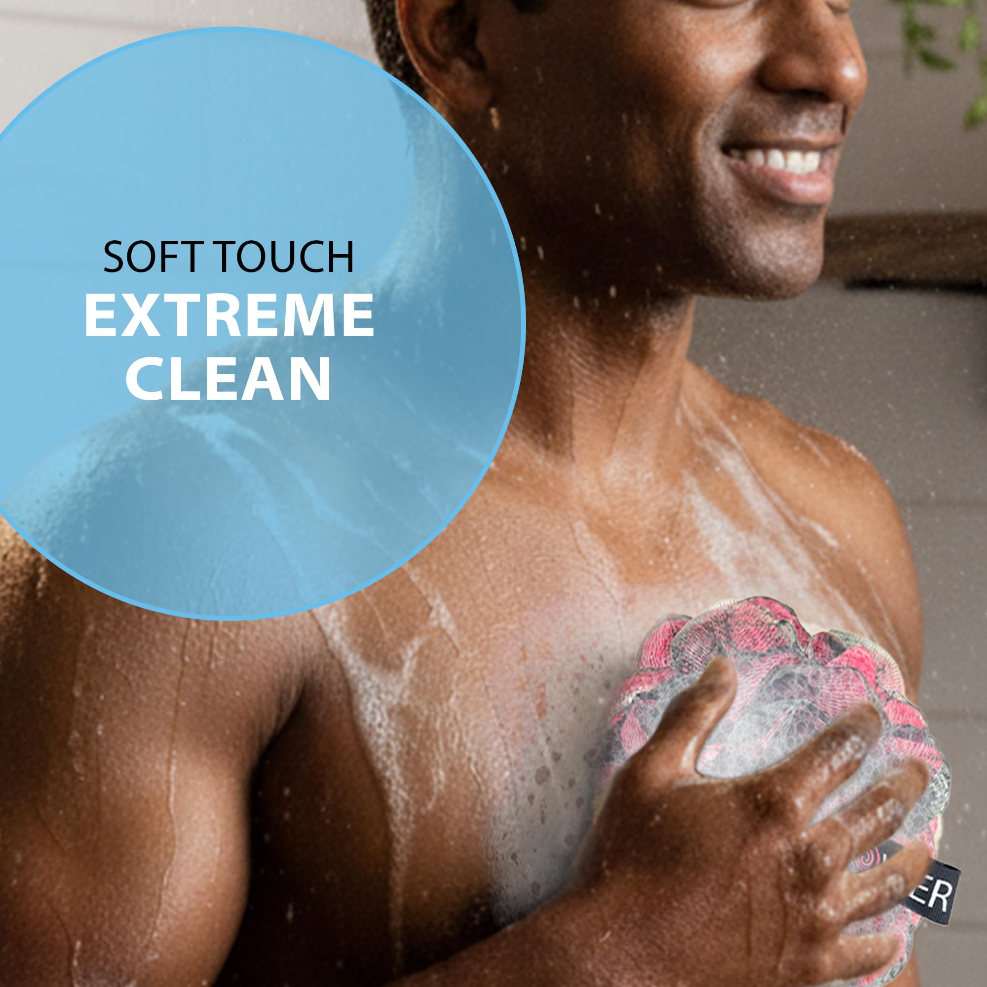 SHOWER BOUQUET Loofah-Charcoal Bath-Sponge XL-Color-4-Pack // Extra Large 75g Soft Mesh Black Luffa Loofa Loufa Puff Set/Exfoliating Body Scrubber for Women and Men - Exfoliate & Soothe Face & Body