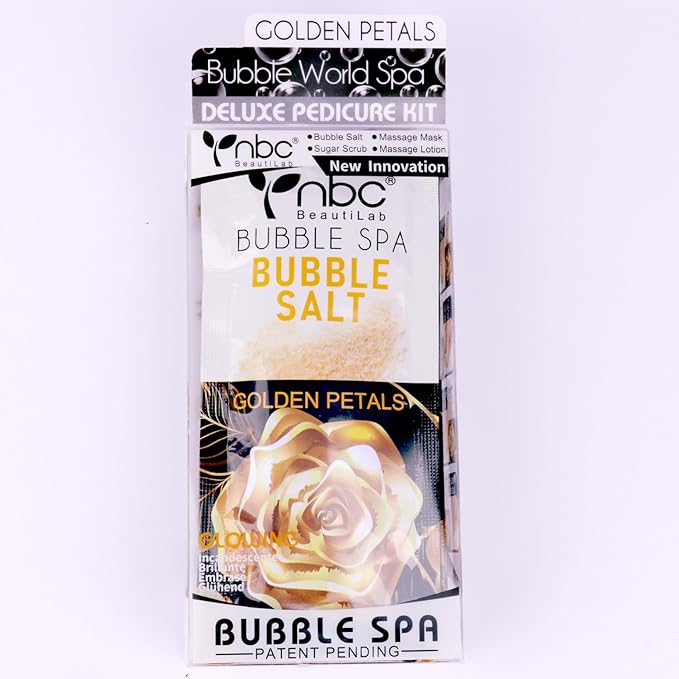 nbc BeautiLab Pedicure Kit Foot Soak Set: Bubble Salt, Sugar Scrub, Massage Mask, Massage Lotion in a Box, 4 Step Foot Spa Kit for Dry Feet,Tired Feet (1 Set Golden Petals)