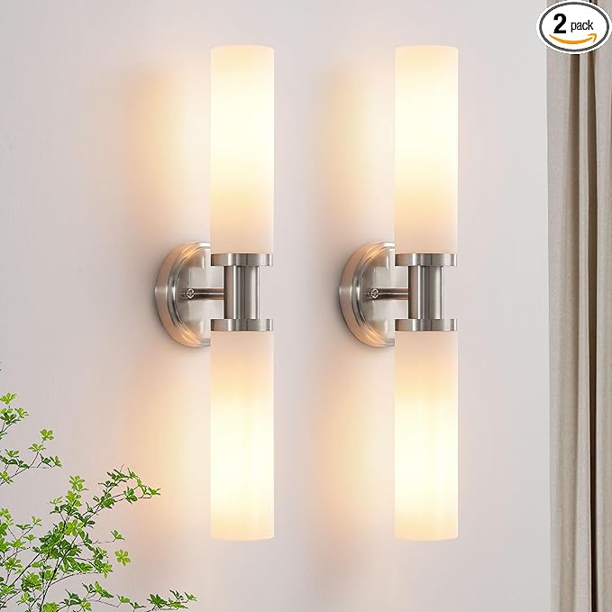 Wall Sconces Set of Two,Brushed Nickel Bathroom Sconces Wall Lighting with White Glass, Modern Sconces Wall Decor Set of 2 Wall Light fixtures for Bathroom Mirror Living Room Hallway Bedroom Wall Lamp