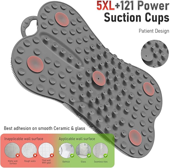Vynusio Back Scrubber Body Bath Cushion Tub Bathtub Back Lumbar Support Ergonomic Silicone XL Thick Soft Seat Pad Non-Slip Suction Cups Relaxing Spa Mat Exfloating Scrubbing Shower 28 x 19 Grey
