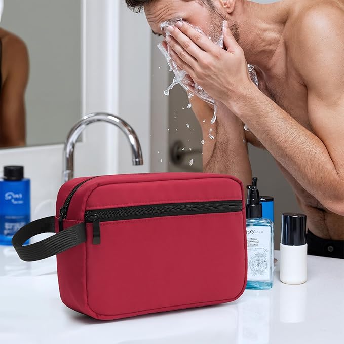 XIRYOHEAUR Travel Hanging Toiletry Bag with Carry Handle - Water-Resistant Small Cosmetic Organizer for Men & Women, Makeup, Shaving Kit, Gym & Travel Essentials (Burgundy)