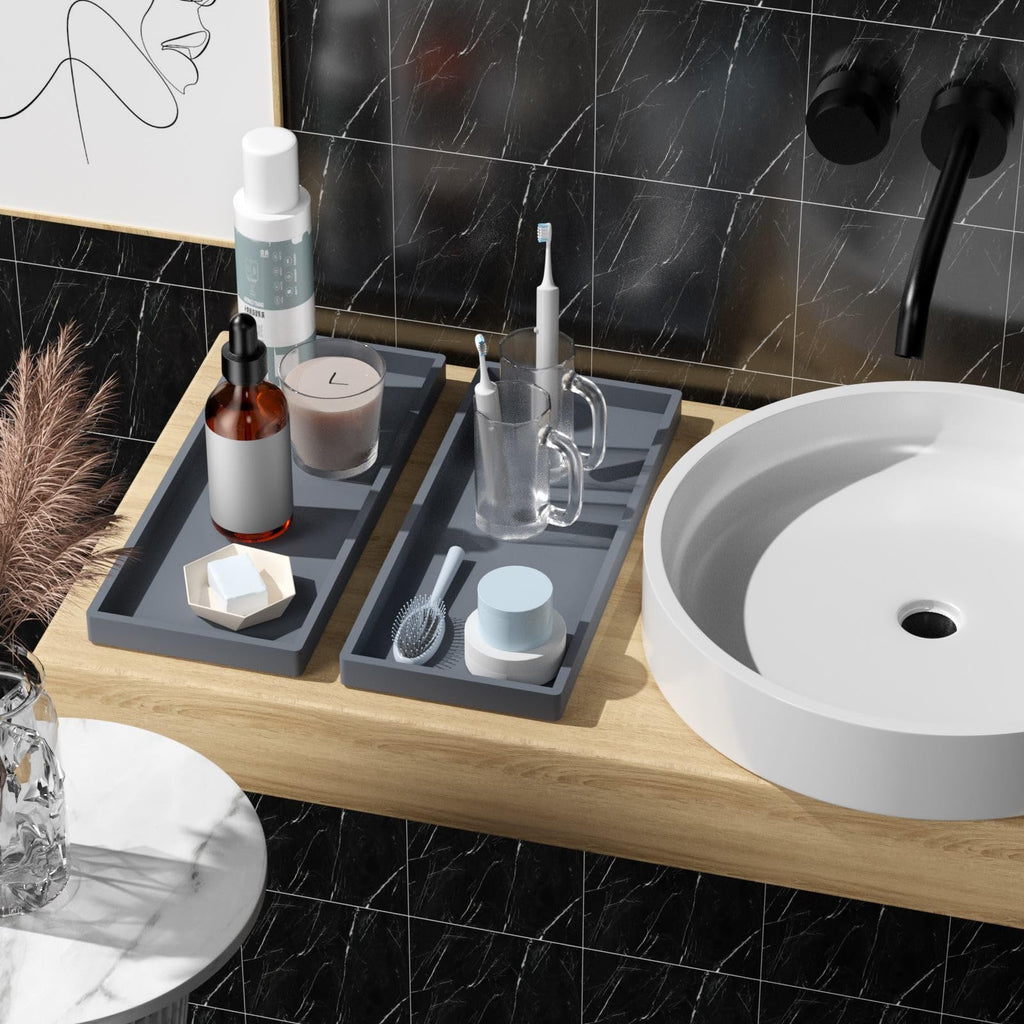 BBK Bathroom Trays 2 Pack (Large, Gray) - Silicone, Rectangular, Dishwasher Safe - Organize Toiletries & Grooming Products
