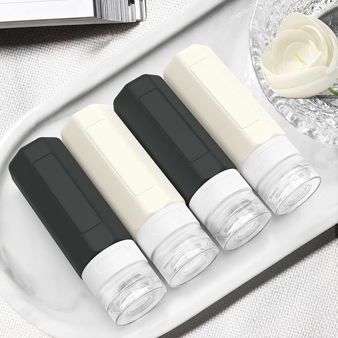 Redfly Travel Bottles for Toiletries, Tsa Approved 3oz Travel Size Containers, Leak Proof Travel Size Toiletries Bottles Silicone, BPA Free Refillable Shampoo Conditioners Essentials Kit, Black&White