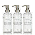 Clear Refillable Shampoo and Conditioner Bottles - Body Wash, Shampoo and Conditioner Dispenser - PET Plastic Shampoo Bottles Refillable with Pump - Waterproof Labels - 16 oz, 3 Pack (Stainless Steel)