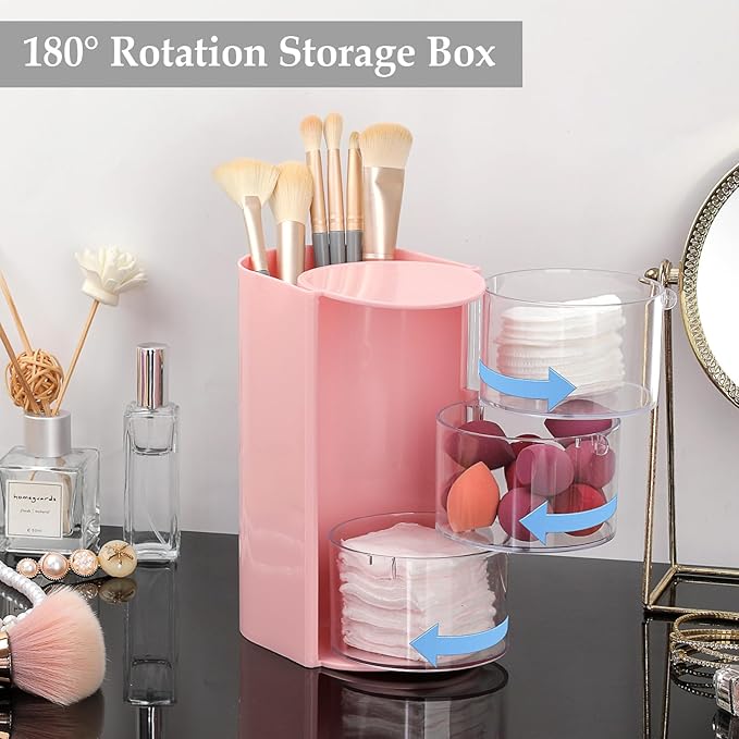 GUSHBIN Hair Accessories Organizer with Hair Brush Holder Spinning Cosmetic Storage Case for Makeup Sponge Plastic Desktop Organizer, 3-Layer Pink