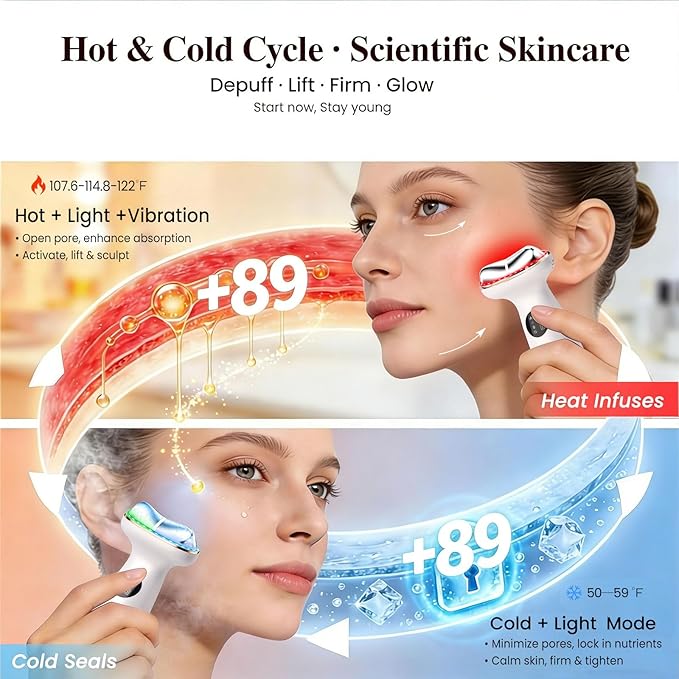 RFVDC Cold Heated Electric Gua Sha, Facial Neck Lymphatic Drainage Sculpting Tool, Cooling Depuffing Wand for Puffy Face, 7-in-1 LED Red Light Face Massager for Lifting, Contouring, Firming