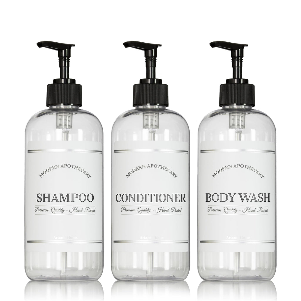 Clear Refillable Shampoo and Conditioner Bottles - Body Wash, Shampoo and Conditioner Dispenser - PET Plastic Shampoo Bottles Refillable with Pump - Waterproof Labels - 16 oz, 3 Pack (Black Plastic)