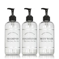 Clear Refillable Shampoo and Conditioner Bottles - Body Wash, Shampoo and Conditioner Dispenser - PET Plastic Shampoo Bottles Refillable with Pump - Waterproof Labels - 16 oz, 3 Pack (Black Plastic)