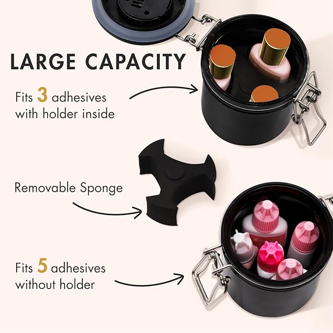 Embagol False Lash Glue Storage Tank With Thermometer Adhesive Carbon Sealed Leak-proof Containers Grafting Eyelash Extension Supplies(BLACK)