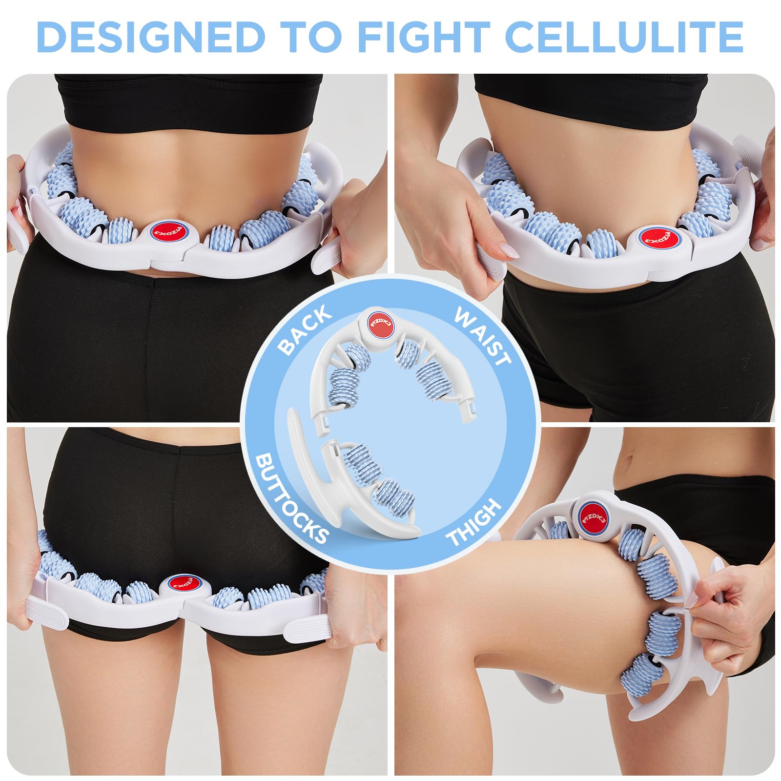 MZDXJ Cellulite Massage Tool - Lymphatic Drainage Massager - Muscle Roller, Deep Fascia Massage, Dimpled Skin Removal, Legs/Thighs/Buttocks, Anti-Cellulite Roller, Smooth Skin (14 Wheel - Blue)