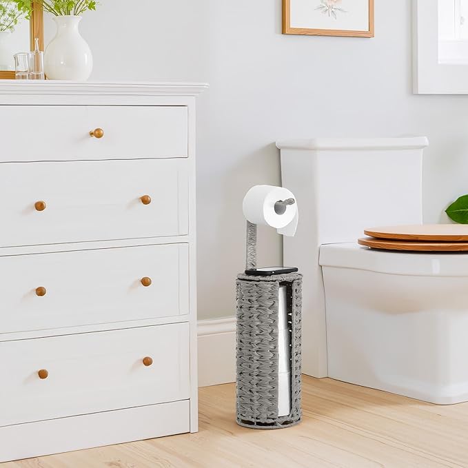 GRANNY SAYS Wicker Freestanding Toilet Paper Holder Stand with Storage, Modern Covered Toilet Paper Stand for 4 Rolls with Shelf for Wet Wipes, Tissue Holder for Bathroom Decor and RV, Gray