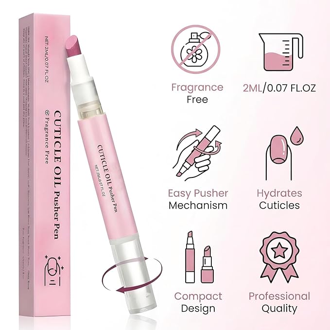 Rhostry Ceramic Cuticle Pusher & Nail Oil Pen, 2-in-1 Nail Care Tool for Sensitive or Damaged Nails, Gentle Hangnail Remover, Portable Nail Pen with Stainless Steel Cuticle Cleaner (Pink)