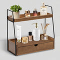 2-Tier Bathroom Organizer Countertop with Drawer, Wood Counter Organizer for Bathroom Decor, Sink Shelf for Vanity Storage, Makeup Tray for Perfume Skincare, Spice Rack Bedroom Kitchen Corner