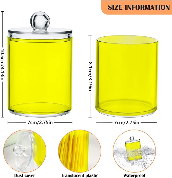Yellow Qtip Holder Organizer Dispenser Cotton Swabs Cans Plastic Jars with Lid Set 4 Pack Bathroom Storage Canister for Cotton Ball Floss Cotton Pads
