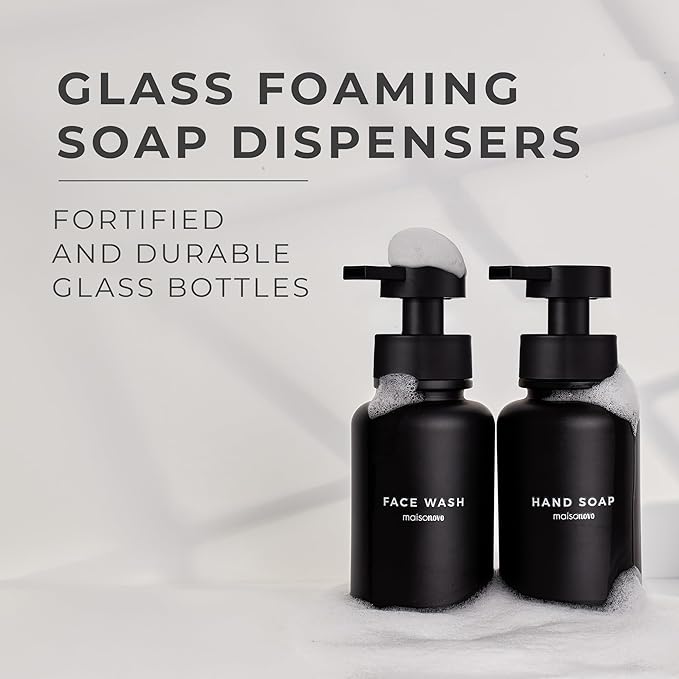 MaisoNovo Glass Foaming Soap Dispenser 14 Oz | Glass Bottles Pumps x 2 Black