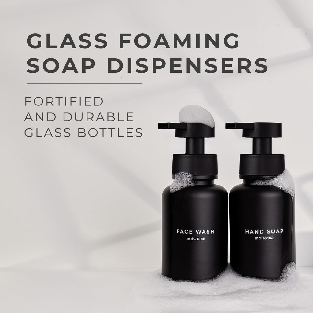 MaisoNovo Glass Foaming Soap Dispenser 14 Oz | Glass Bottles Pumps x 2 Black