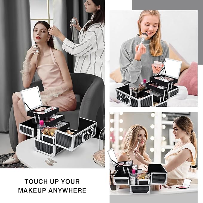Joligrace 3-Tray Makeup Case with Mirror & Brush Holder, 11.6" Shine Black