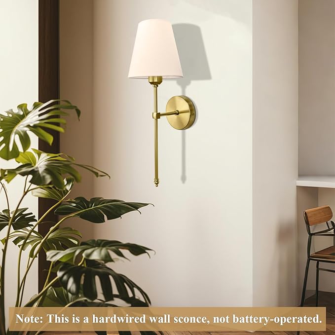 Bsmathom Wall Sconces Sets of 2, Hardwired Classic Brushed Brass Sconces Wall Lighting, Bathroom Vanity Light Fixture with Fabric Shade for Bedroom Living Room Hallway Kitchen, Bright Gold