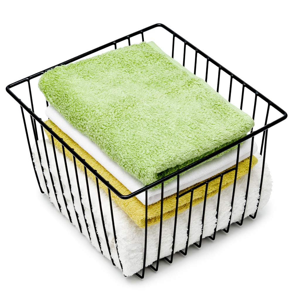 SANNO Black Closet Baskets Freezer Baskets Pantry Storage Wire Basket,Wire Basket Farmhouse Storage Organizer, Metal Household Storage Organizer Bin for Pantry Shelf Kitchen Cabinet Bathroom Black