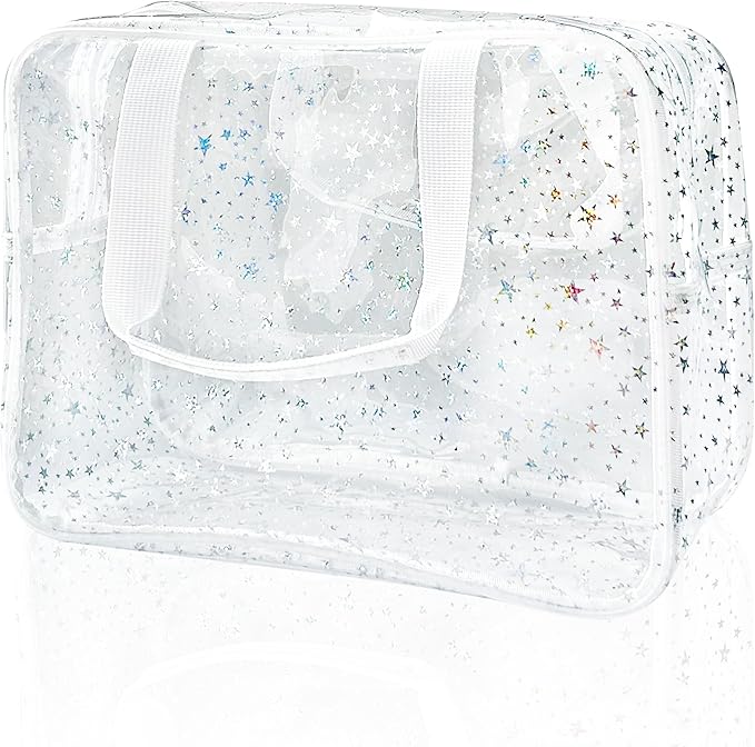 TotePrint Holographic Star Transparent PVC Cosmetic Bag Clear Makeup Toiletry Carry Pouch Clear Travel Pouch Storage Bag for Vacation Bathroom and Organizing