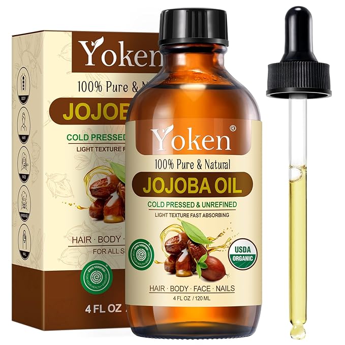 Yoken Organic Jojoba Oil 4oz with dropper, Pure for Nails, Face & Skin Care