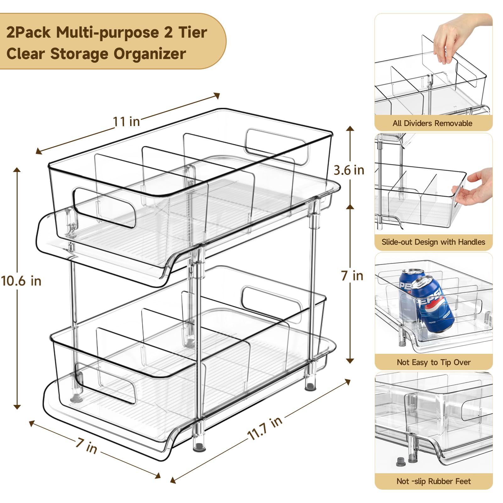 HIHEGD 2-Tier Bathroom Organizer with Dividers, Clear Under Sink and Pull-Out Cabinet Organizer for Kitchen and Pantry Storage