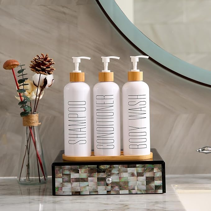 Prus Waso Shampoo and Conditioner Dispenser, Contains Shampoo Conditioner Body Wash Dispenser. Shower Soap Dispenser with Bamboo Pumps & Tray, Perfect for Modern Bathroom Decor. (White)