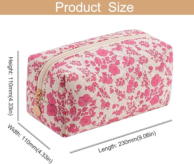 HHQQWZ Cute Square Floral Cotton Makeup Cosmetic Bag for Women Girls, Travel Quilted Zipper Make Up Bag, Square Flowers Organizer Case Kawaii Makeup Cosmetic Travel Cloth Pouch (Red Floral)