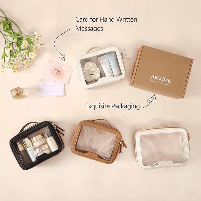PACKISM Structured Clear Makeup Bag - Faux Leather Cosmetic Pouch with Reinforced Frame, Stand-Up Toiletry Organizer for Purse & Car Console, Medium Black