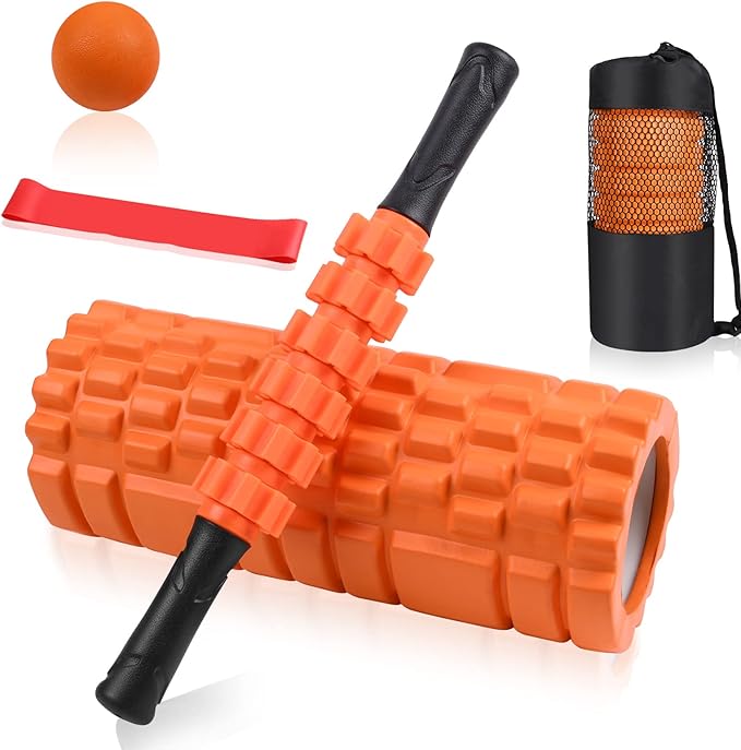 Aucuu 6 in 1 Foam Roller Set Includes Hollow Core Massage Roller, Yoga Stick, Massage Ball, Fitness Stretching Strap, Carrying Bag, Towel, Massage Roller (Orange)