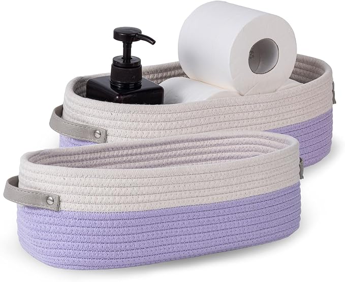 Oradrem 2 Pack Small Cotton Rope Woven Basket Toilet Paper Baskets for Organizing Decorative Baskets for Boho Decor Small Storage Basket 13"x5.9"x4" Purple
