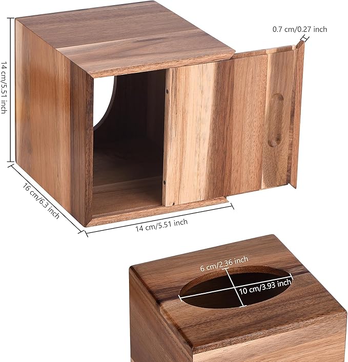 KYDIFS Tissue Box Cover Square, Acacia Wood Tissue Box Holder with Slide-Out Bottom, Wooden Tissue Box Cover Cube for Bathroom, Bedroom, Dinner Table, Office,Kitchen