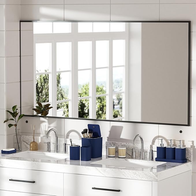 InnJoey Bathroom Accessory Set - Bathroom Set, 27PC Bathroom Accessories Set, Navy Blue Bathroom Sets with Shower Curtain and Rugs, Mini Trash Can, Toilet Brush, Trash Can & Soap Dispenser