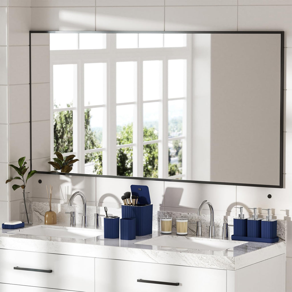 InnJoey Bathroom Accessory Set - Bathroom Set, 27PC Bathroom Accessories Set, Navy Blue Bathroom Sets with Shower Curtain and Rugs, Mini Trash Can, Toilet Brush, Trash Can & Soap Dispenser